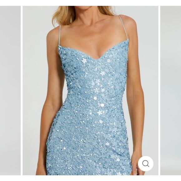 NWOT Mac Duggal Ieena Sequin Gown M Ice Blue Sweetheart Lace-Up High Slit Formal - Picture 4 of 15